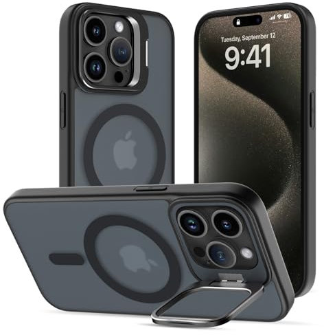 Cover Magnetica per iPhone 15 Pro Max con Cavalletto, Compatibile con Magsafe, Supporto per la Fotocamera Integrato Custodia, Militare Antiurto Sottile Protettiva Traslucida Glassata Case, Nero