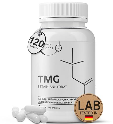 Nature spring® TMG Betain Kapseln | Vegane Premium TMG-Kapseln | 500mg wasserfreies Betain (Trimethylglycin) pro Kapsel | hochrein | Betain anhydrous (120 Stück (1er Pack))