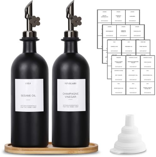 sunal Distributeur d'huile d'olivel,Noir 500ml/16,9 OZ distributeur d'huile avec plateau, 2 distributeurs d'huile de verre et de vinaigre avec 2 décanteurs Lestés,40 étiquettes,1 entonnoir