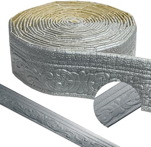 BOUFEIDA Deckenleisten Selbstklebend, Zierleisten Selbstklebend, 10m x 8cm Wasserdicht Bordüre 3D, Stuckleisten Decke Tapete Fliese Trims und Kanten Bordüre für Flur, Decke, Ecke Linie, Silber Grau