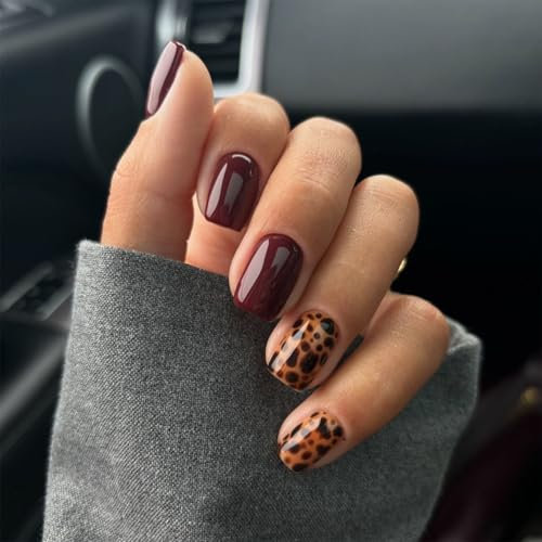 24PCS Short Red Leopard Print Press On Nails for Women and Girls, French Tip Stick On Nails with Elegant Animal Design, Reusable and Durable Fake Nails for DIY Nail Art