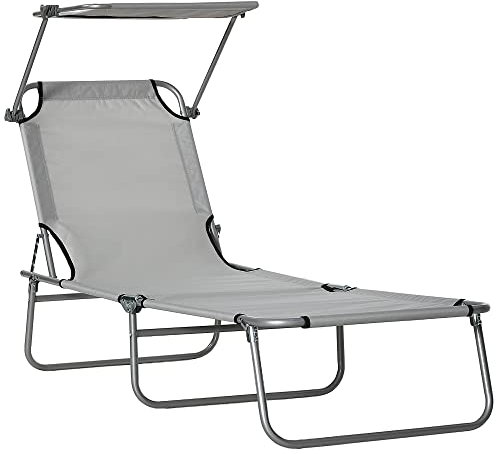 Outsunny Sonnenliege klappbar Gartenliege mit Dach, Liegestuhl mit 4-Fach verstellbare Rückenlehne, wetterfeste Campingliege bis 120 kg belastbar, für Garten Strand Pool, Hellgrau