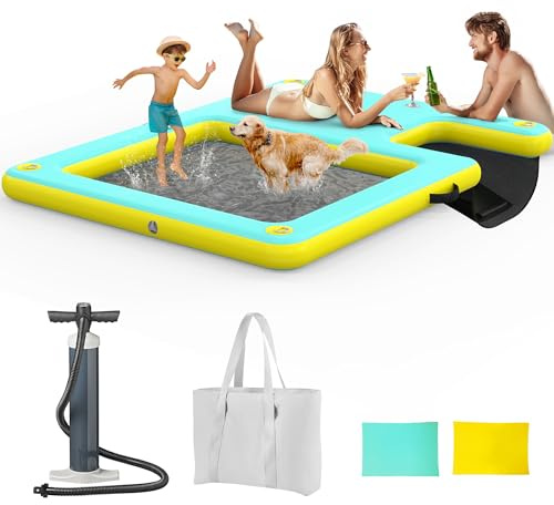 Inflatable Floating Dock for Dogs & Family Water Fun, 8FT Large Floating Island with Water Hammock and Easy-Access Dog Ramp, Portable Swim Platform for Lakes, Boats, Beaches and Pools
