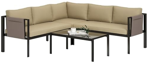 Outsunny 5 Seater Garden Corner Sofa Set, 4 Pieces Metal Garden Furniture Set with Loveseats, Glass Top Coffee Table, Breathable Mesh Pocket, Outdoor Conversation Furniture with Cushions, Khaki