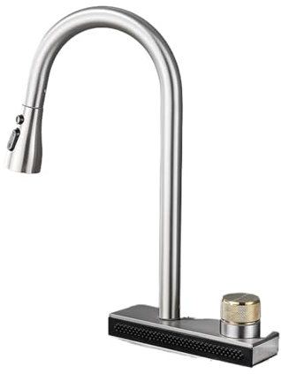 WASAJ Rubinetto per lavello a Foro Singolo in Ottone con 4 Vie per Acqua Calda e Fredda, Estraibile da Cucina, Cascata Nera (Nichel)