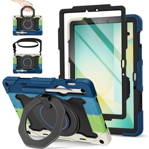 ROISKIN Case for Samsung Galaxy Tab S10 Lite/ S10 FE / S9 FE 10.9 Inch/ S9 11 Inch with Screen Protector, 360°Rotating Stand, Shoulder Strap,Pencil Holder, Heavy Duty Shockproof Kids Cover, Black-Blue