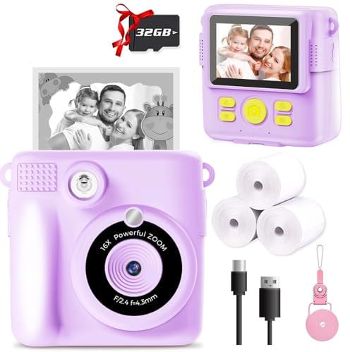 Kids Camera Instant Print - 1080P HD Video & Instant Camera for Kids with 32GB Card & 3 Rolls Paper, Selfie Digital Camara - Christmas Birthday Funny Toys Gifts for 3-12 Years Old Girls & Boys-Purple