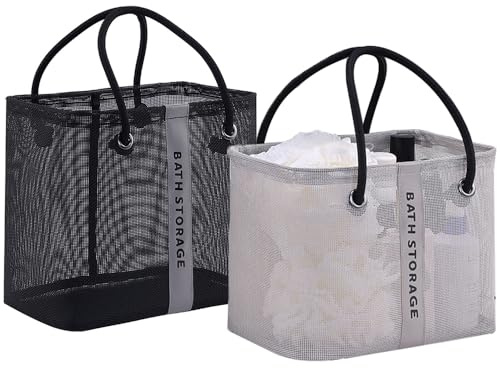 PIGIAOKA 2 Pack Mesh Shower Caddy Basket, Portable Shower Caddy Bag Cleaning Supply Storage Organizer with Handle for College Dorm Bathroom, Swimming, Gym, Beach, Travel (Black & White)
