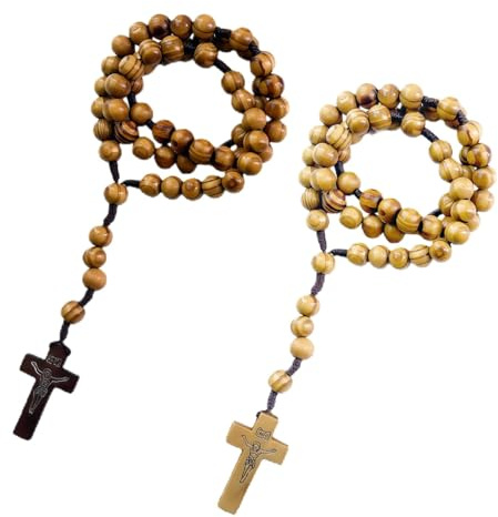 Funver 2 Pcs Collier Chapelet Croix Catholique, Chapelet en Bois D'olivier de Jérusalem, pour Communion Baptême(Couleur Bois + Couleur Café)