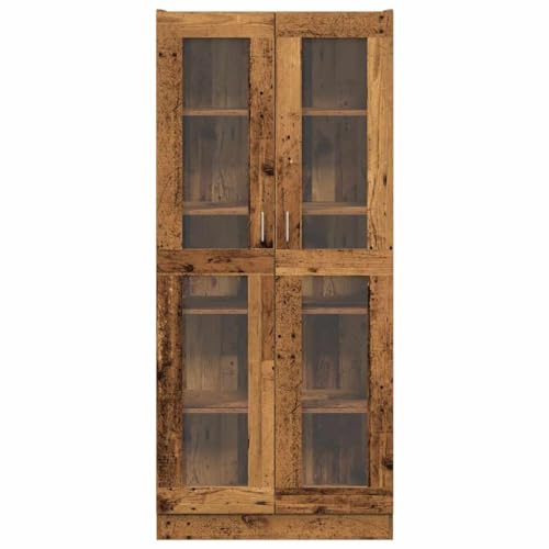 Vitrine aus Eichenholz mit Glastüren, Hoher Aufbewahrungsschrank mit Verstellbaren Regalen, Vitrine mit Holzmaserung für Wohnzimmer, Arbeitszimmer und Heimdekoration (Altes Holz #28)