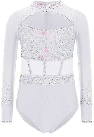 Yruioon Mädchen Turnanzug Glitzer Langarm Gymnastikanzug Strass Glänzend Eiskunstlauf Body Overall Sportbody Wettbewerb Tanzkostüm