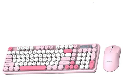 PUSOKEI Kabellose Tastatur- und Maus-Kombination, 2,4 G und Bluetooth, 98 Tasten Retro-Schreibmaschinentastatur mit Runden Tastenkappen, 3 DPI Einstellbare Leise Maus (PINK)