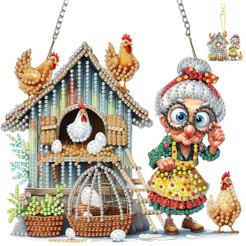TLIOBLO Lustige Oma Diamond Painting Fensterbilder mit Kette Erwachsene,Essen Diamant Painting Anhänger und Schlüsselanhänger Hängende Ornament Bastelset Diamant Kunst Set für Wand Und Eingang Decor