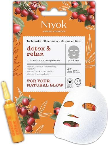 Niyok Tuchmaske Detox & Relax Naturkosmetik 1 Stück | Mit Vitamin C & Pflanzenölen, COSMOS NATURAL, kompostierbare Pflanzenfaser, Made in Germany, antioxidative Pflege