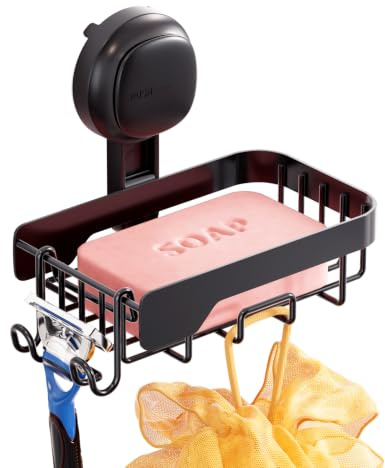 TAILI Soap Dish for Shower with Hooks,Drill-Free Suction Sink Holder,Black | Stainless Steel Sink Holder, Sponge Tray,Max Hold 5KG Soap Holder for Bathroom,Wall Mounted Removable Metal Bathtub Organizer