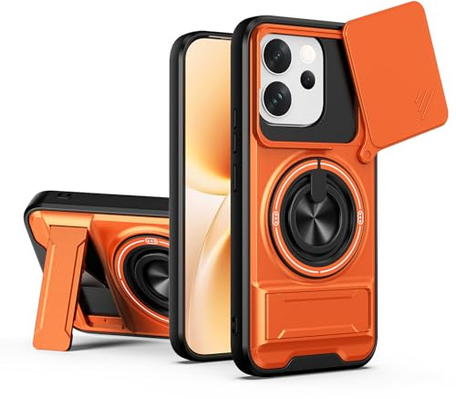 UPLAI Armor Case for VIVO V70 5G / VIVO V70 Elite with Slide Camera Protector & 360° Rotating Ring Kickstand, Magnetic Military Grade Drop Shockproof Protection Cover, Orange