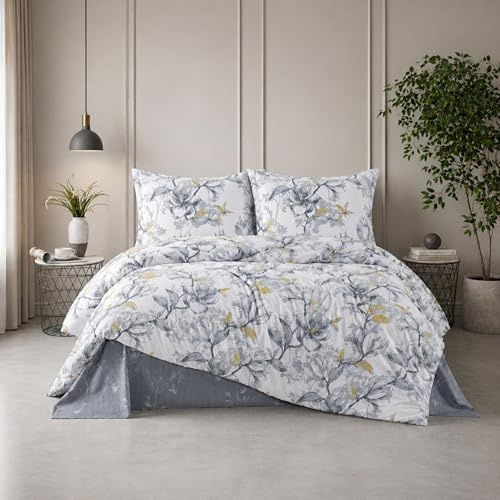 ZIRVEHOME Bettwäsche 200x220 cm 3-teilig Baumwolle Bettbezug Grau Weiß Floral mit Gelben Akzenten, Renforce Bettwäsche-Set 200x220cm mit Reißverschluss, Graue Fiora