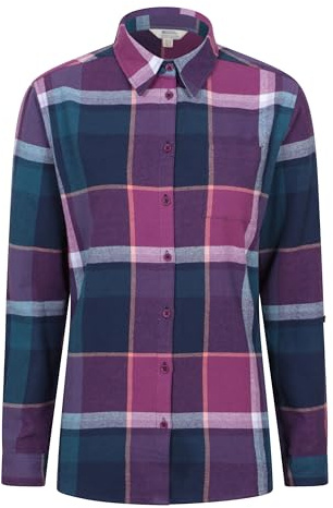 Mountain Warehouse Balsam Brushed Longline Flannel Long Sleeve Womens Shirt - Breathable Checked Shirt, Antipill, Lightweight Ladies Top, Warm -Clothing for Cold Weather Purple Women's Size 14