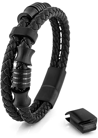 Akitsune Gracilitas Lederarmband | Armschmuck Damen Edelstahl Magnetisches Herrenarmband Mattschwarz 18cm