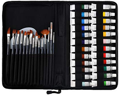 Lazeny Portátil Pintura Acrilica Sets 24× Ricos Colores de Pigmento 15 Art Nylon Pinceles Paleta para Pintada Pintura Lona Madera Arcilla Cerámica Artesanías No tóxico Inofensivo para Niños y Adultos