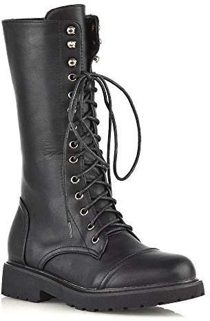 Womens Mid Calf Lace Up Ladies Combat Punk Biker Goth Black Boots Shoes Size