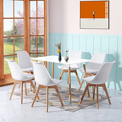H.J WeDoo Esszimmergruppe mit Esstisch und 6 Essstühlen, Rechteckig Esstisch 110 cm mit 6 Esszimmerstühle Geeignet für Esszimmer Küche Wohnzimmer, Weiß Esstisch und Stühle