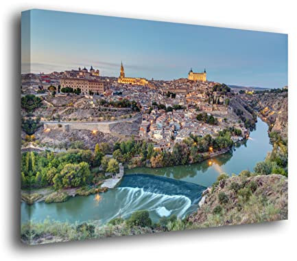 Genérico Cuadro Lienzo Canvas Casco Antiguo de Toledo Alcazar y Rio Tajo Luces Spain - Lienzo de Tela con Bastidor Madera de 3cm - Alta resolucion (100, 66)