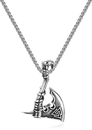 PiercingJak Men's Necklace Norse Viking Necklace Stainless Steel Norse Vegvisir Compass Valknut Axe Spear Pendant Nordic Viking Runes Amulet Necklaces Chain Talisman Jewellery for Men Axe