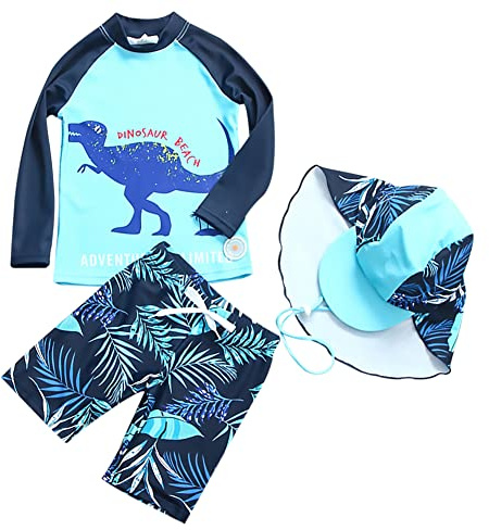 AIWUHE Badehose Jungen Schwimmshirt Kinder UV Schutz Badeset mit Badekappe Cartoon Langarm (as3, Numeric, Numeric_92, Numeric_98, Regular)
