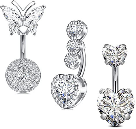LAURITAMI 3stk Kurzes Bauchnabelpiercing 6mm Chirurgenstahl 14G Zirkonia Herz Schmetterling Nabel Ringe Piercing Bauchnabel Schmuck