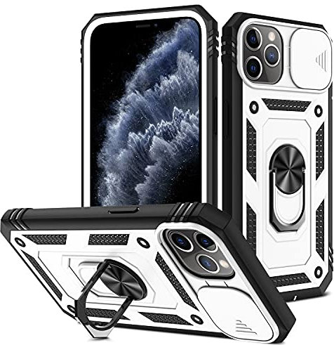 AFARER iPhone 11 Pro Hülle, Kameraschutz Rüstung Duale Schichte Gehäuse mit 360 Grad Ring Ständer und magnetisches Eisenblech Kompatibel mit iPhone 11 Pro - Weiß