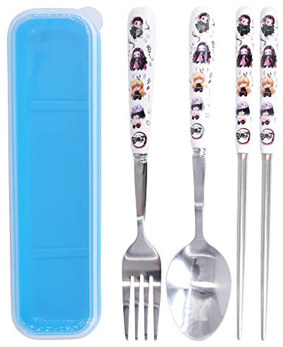 Roffatide Anime Demon Slayer Juego de Cubiertos con Estuche Portátil 3 Piezas de Acero Inoxidable Juego de Cubiertos de Viaje Juego de Cuchara Palillos y Tenedor