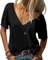 Tankaneo Damen Mode tief V-Ausschnitt Kurze Ärmel Tops Solide Lässig Lose Basic T Shirt Reines Schwarz XL