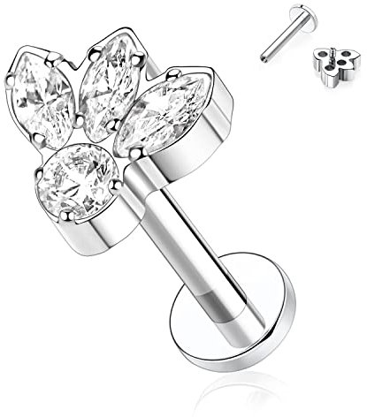 Titan Labret Ohrstecker Labret Ohrringe mit Innengewinde 16G Ohrringe mit flacher Rückseite Lippen Ohrstecker Tragus Schmuck 10mm Monroe Medusa Helix Ohrstecker Silber Lappen Conch Ohrringe (Biene CZ)