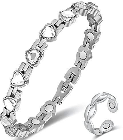 Vicmag Magnetic Bracelets for Women Titanium Steel Brazaletes Ultra Strength Magnetic Adjustable with Removal Tool and Gift Box (Silver Heart Crystal)