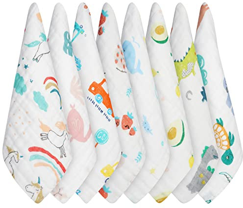 Aolso Baby Musselin Waschlappen, 8 Stück Bio-Baumwolle Baby Waschlappen, Mehrzweck Baby Handtücher Set, Waschlappen Kinder für Neugeborene,Saugfähig, 25 * 25cm