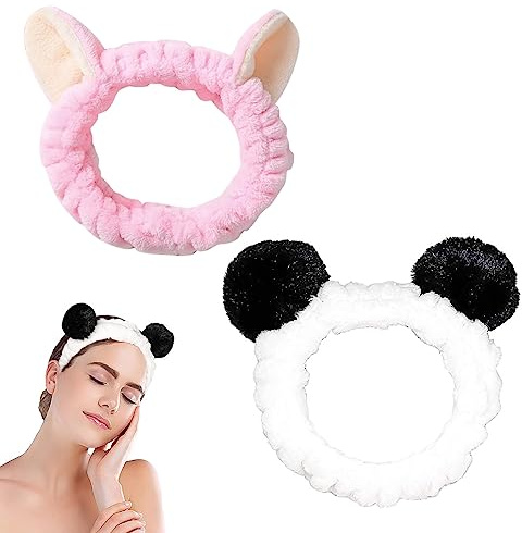 2 Pièces Bandeau Cheveux Femme Maquillage Mignon, FUKPO Bandeau Oreilles de Chat Panda, Serre Tete Maquillage Bandeaux Demaquillage Soin Visage Spa Douche Faciale Laver Lavage Bande Blanc Rose Noir