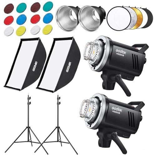 Godox MS300V Studio Flash Kit (2X 300W) with 2 Softboxes, 2 Light Stands, 2 Reflectors, LED Modeling Lamps, 2.4G Wireless X System, Bowens Mount – Ideal for Studio, Portrait & Fashion Photography