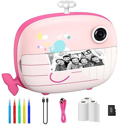 Ushining Camara Fotos Infantil Instantanea, 10X Zoom 1080P Videocámara Cámara Instantánea Niños con Pantalla de 2,4 Pulgadas Papel de Impresión y Tarjeta TF de 32GB, Regalos para Niños y Niñas, Rosa