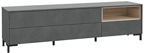 Meuble TV 3 Tiroirs Finition Béton Gris et Chêne Clair avec Pieds Métal Noir et Système Push Open - Tendance et Urbain - Maddy
