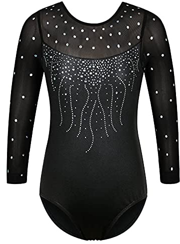 ZNYUNE Kinder Gymnastik Trikot mit Pailletten Mädchen Gymnastikanzug Langarm in Tüll B272 Black 14A