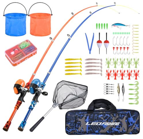 LEOFISHING Tragbares Kinder-Angelruten-Set, 2 Stück, Teleskop-Angelruten für Jungen und Mädchen, Angelrute und Rolle, Combos mit vollständigem Set, Fischernetz und Eimer für Kleinkinder, Jugendliche