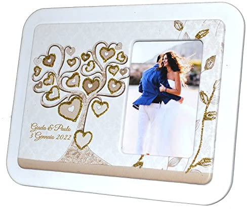 SET 6 pz Portafoto in Ecopelle Albero della Vita Cuori personalizzabile in scatola da regalo. Bomboniere, Battesimo, Comunione, Cresima, Laurea, Matrimonio, Anniversari. Originali moderni (ORO P)