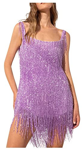 BOTCAM Abito da festa da donna con brillantini, lunghezza al ginocchio, abito da ballo latino, colorato, con paillettes, anni '20, con frange, con glitter, Lilla 3, S