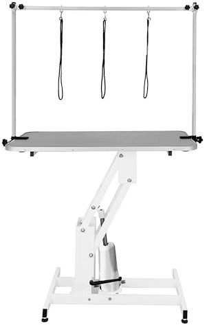Hydraulischer Hundepflegetisch Höhenverstellbar Profi Trimmtisch | für Tiere bis zu 180kg | 106 x 61cm Gummioberfläche, 4 anpassbare Stallfüße & 3 Schlaufenleinen [Weißer Rahmen & Grauer Tisch]