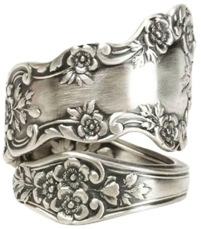 XRCXBLSC Retro Hammered Leaf Flower Statement Band Ring Flower Handcrafted Jewelry Flower Spoon Ring Sterling Silver Vintage Antique Spoon Rings for Women Boho Flower Wide Thumb Ring(O)