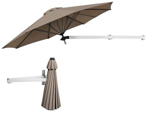 KOMFOTTEU Sombrilla de Pared Ajustable Ø250 cm, Parasol Plegable con Protección Solar para Exterior, Sombrilla de Terreza Inclinable Colgante, Paraguas para Jardín, Balcón, Patio