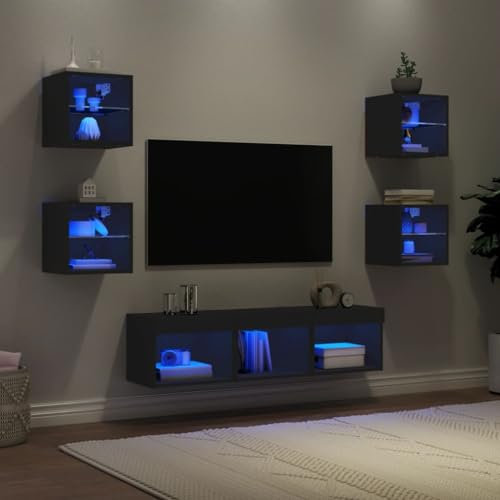 ZEYUAN 7-TLG. Wohnwand mit LED-Beleuchtung Schwarz Holzwerkstoff, Wohnwand Wohnzimmer, Wohnzimmer Möbel, Schrankwand Wohnzimmer, Tv Möbel, Anbauwand Wohnzimmer - 3216584