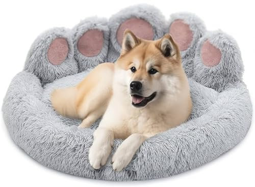 pfoten&nasen® Bärenpfote Hundebett [Hellgrau, M-75cm] – Flauschiges Donut Hundebett im Bärenpfoten-Design, Rund & Waschbar, Bequemes Kuschelbett für Mittelgroße Hunde
