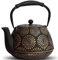 GUANGHEIRON Théière en fonte avec infuseur pour plaque de cuisson, théière japonaise Sakura pour thé et café, revêtement intérieur émaillé, poignée en silicone, 1200 ml, noire